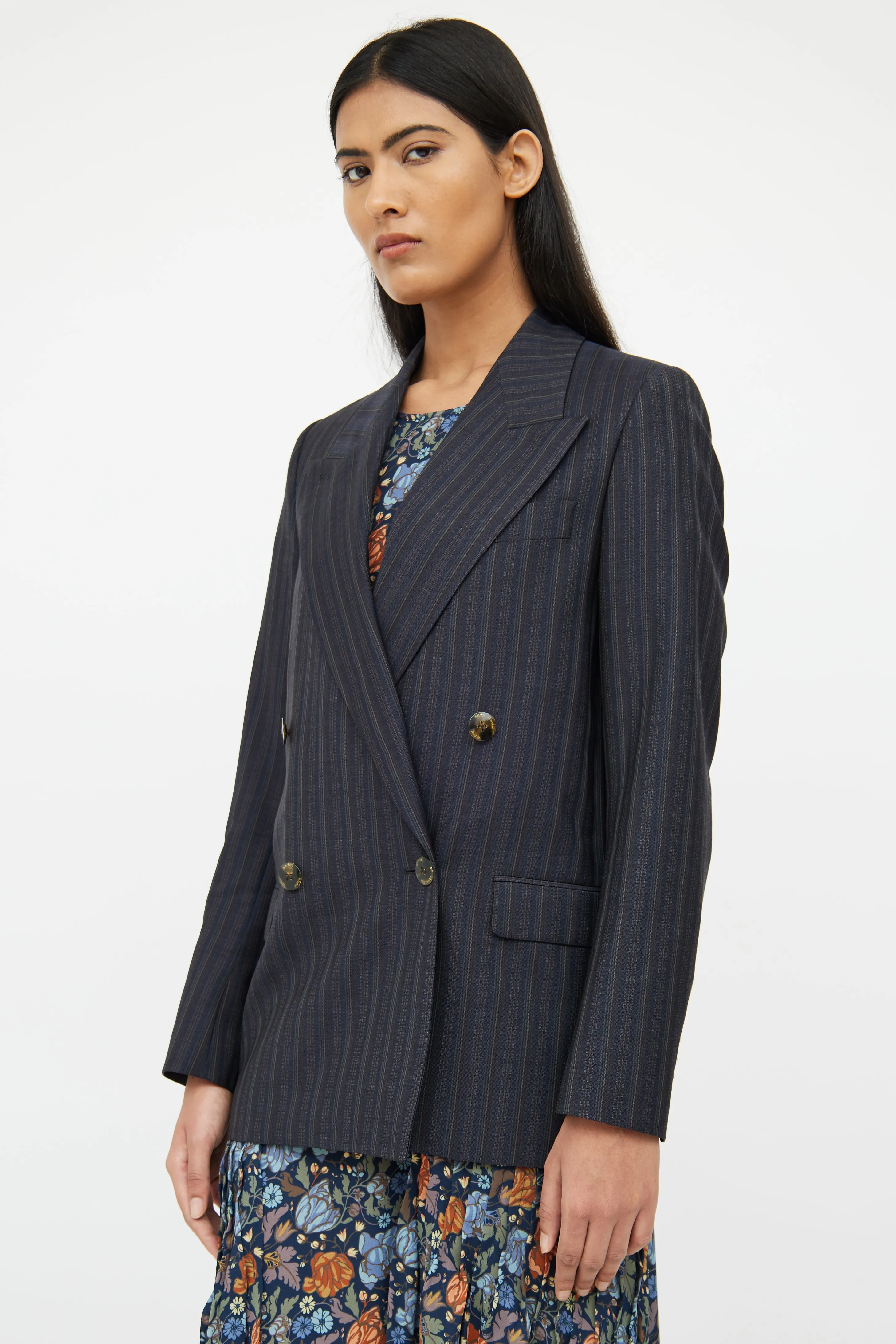 Navy Pinstripe Wool Blazer