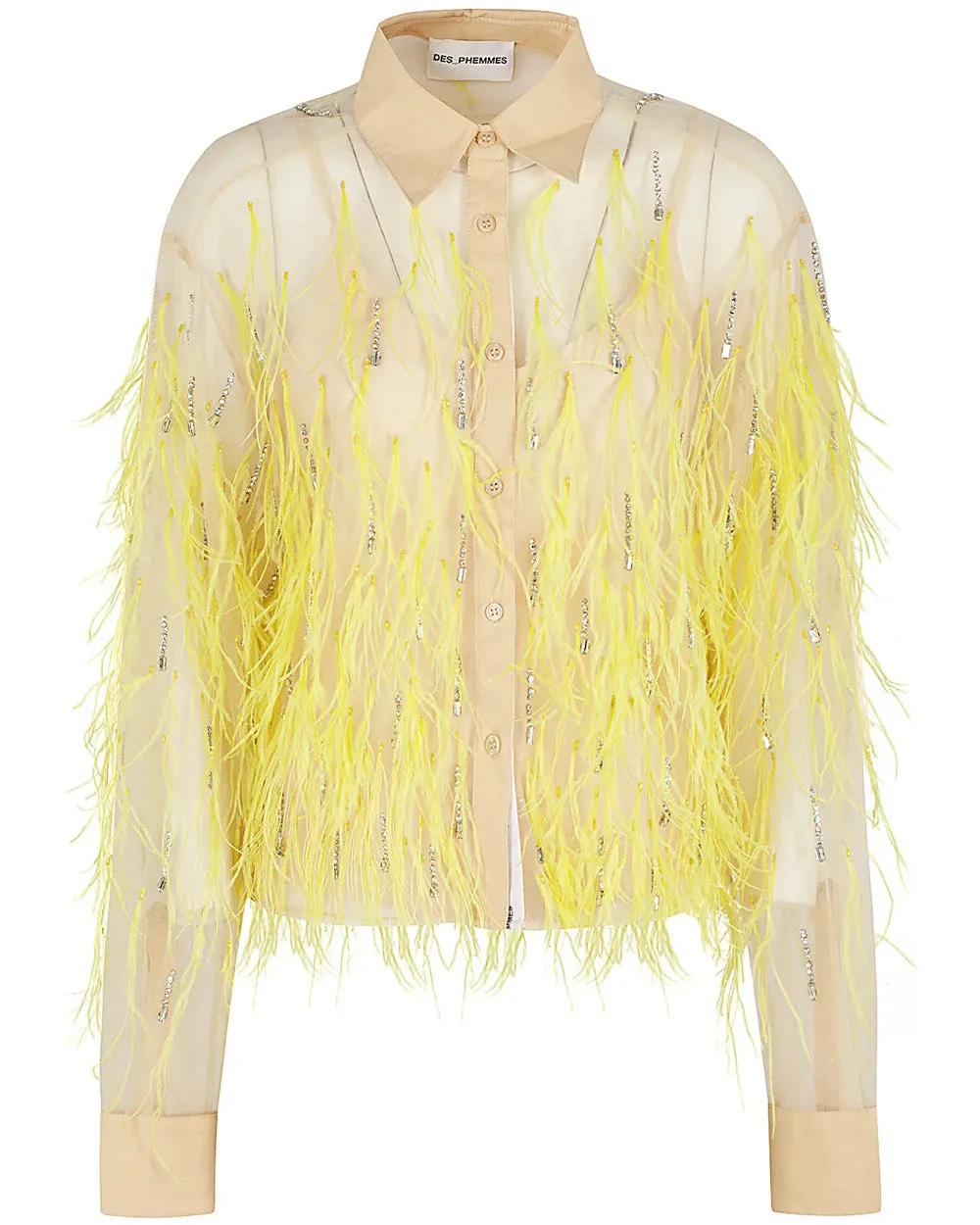 Nude Tulle Feather Embellished Shirt