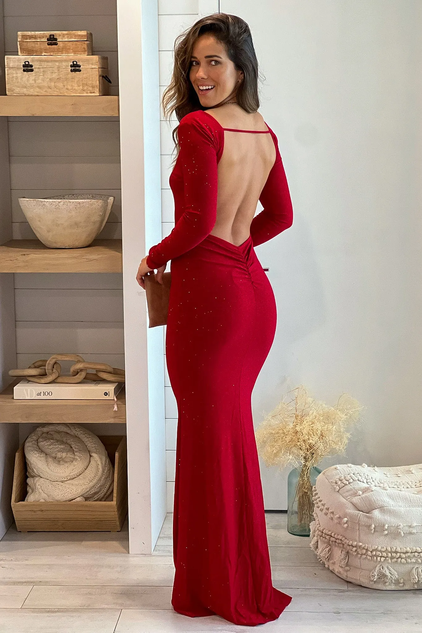 Red Glitter Maxi Dress With Open Back