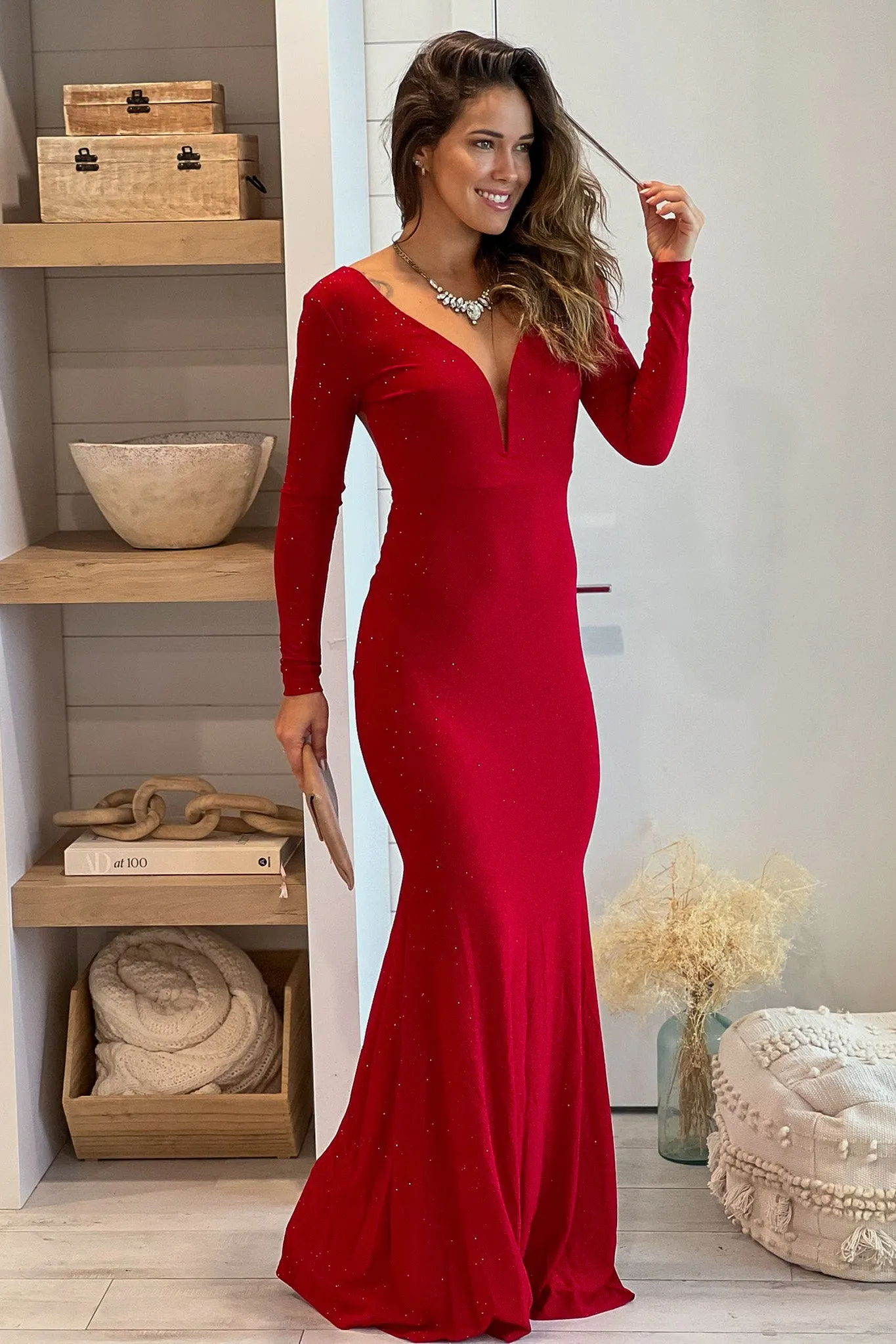 Red Glitter Maxi Dress With Open Back