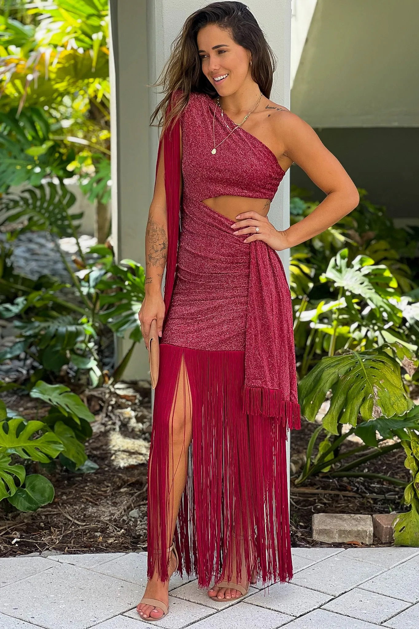 Red Glitter One Shoulder Cut Out Fringe Dress