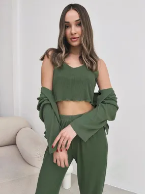 Rib-Knit Lounge 3-Piece Set with Cardigan Crop Top & Pants Ribbed