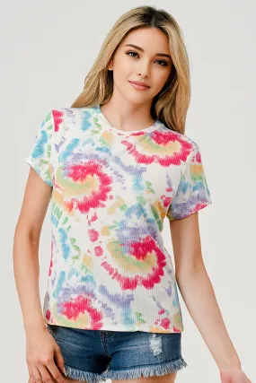 Rib Knit Printed Short Sleeve Tops - Multicolor Tie Dye