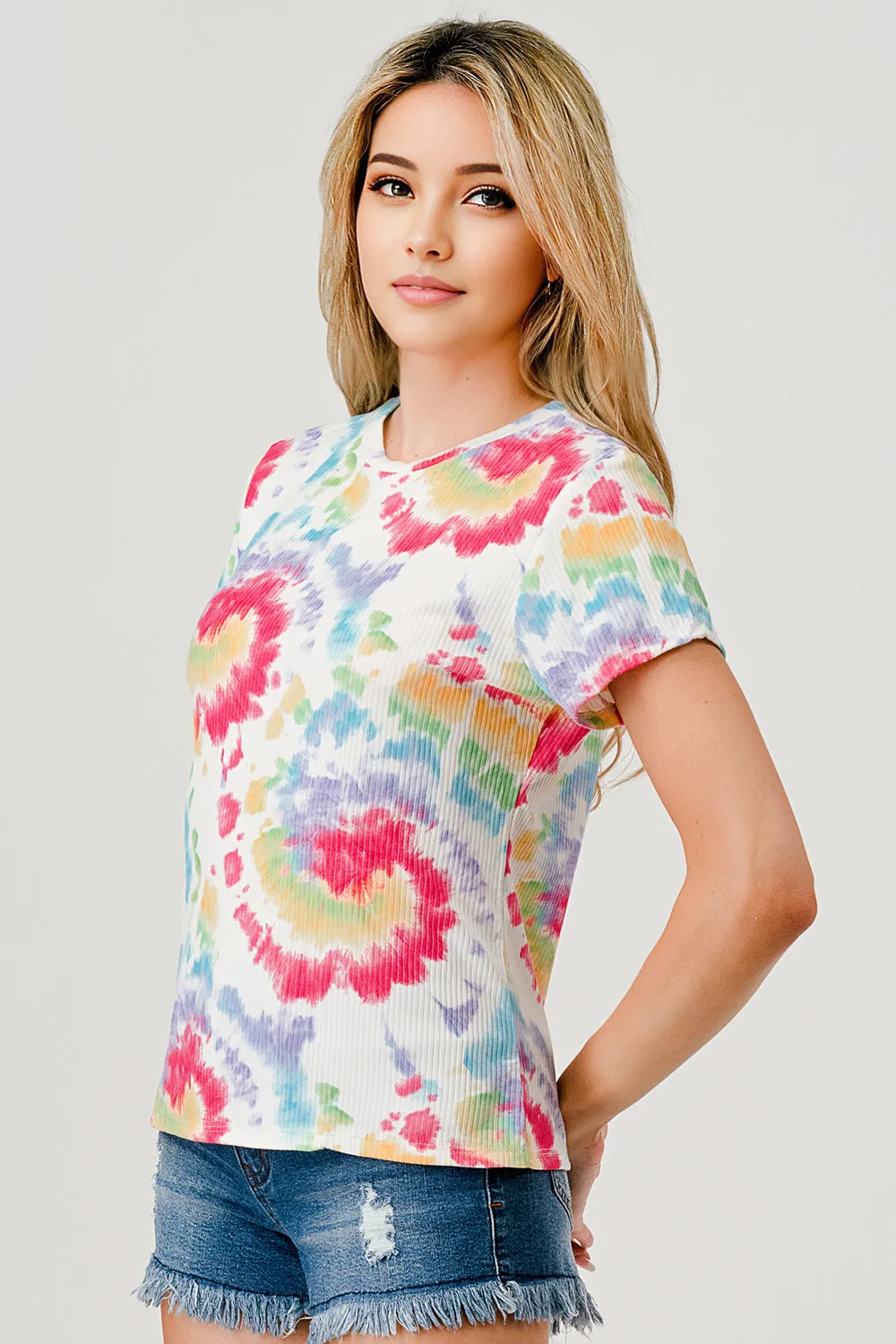 Rib Knit Printed Short Sleeve Tops - Multicolor Tie Dye