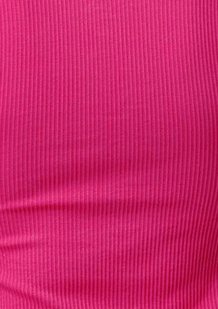 Rib Knit Square Neckline Short Sleeve Tops - Fuchsia