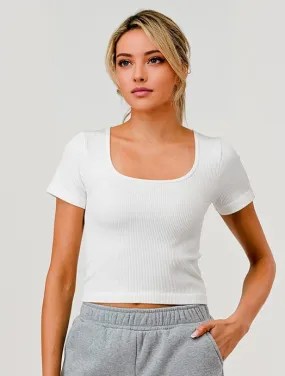 Rib Knit Square Neckline Short Sleeve Tops - White