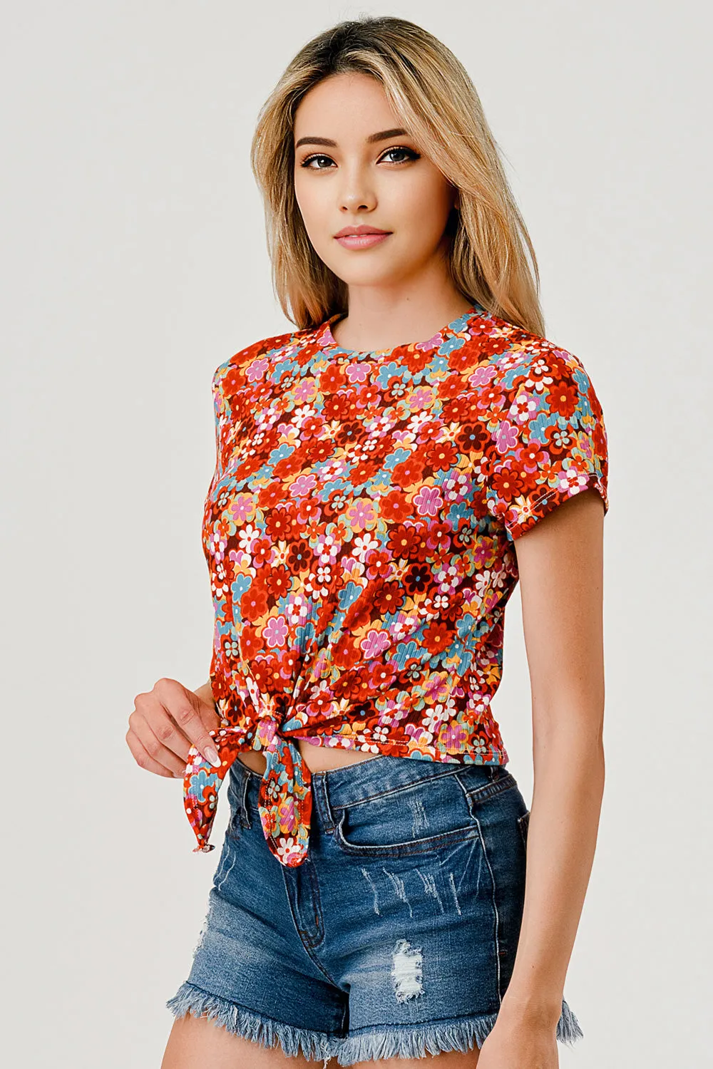 Rib Knit T-Shirt Tops With Knot Front Tie - Orange Floral