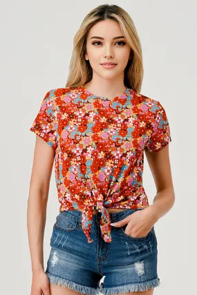 Rib Knit T-Shirt Tops With Knot Front Tie - Orange Floral