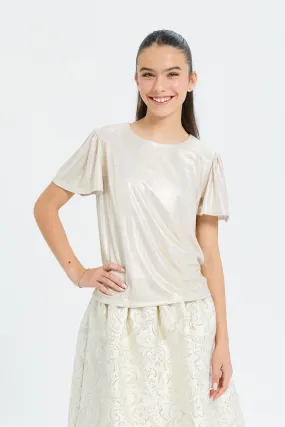 Senior Girls Gold Metallic Ruffle Sleeve Top