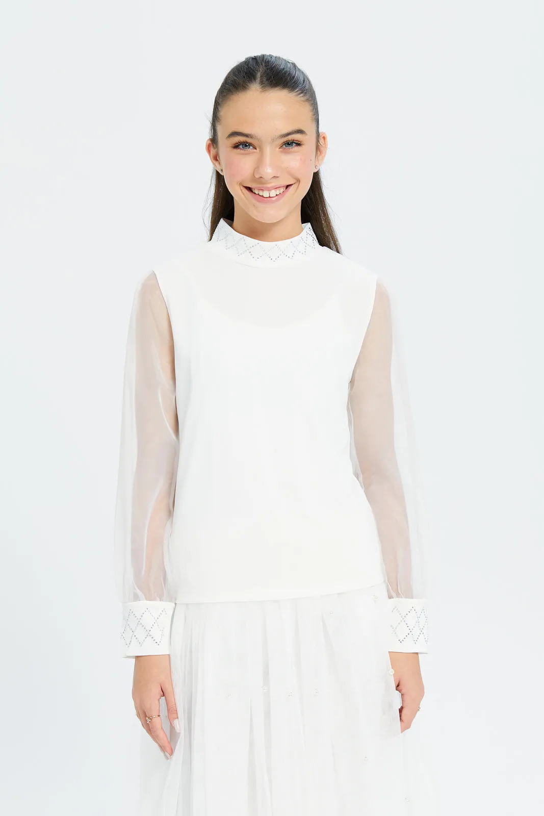 Senior Girls White Embellished Top