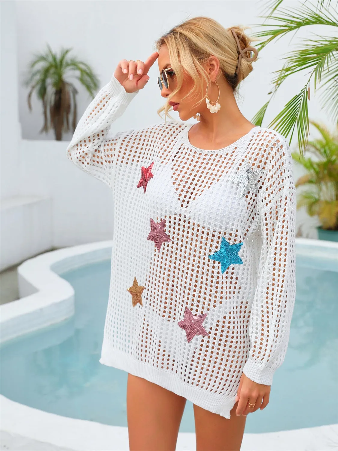 Sequin Star Long Sleeve Cover Up