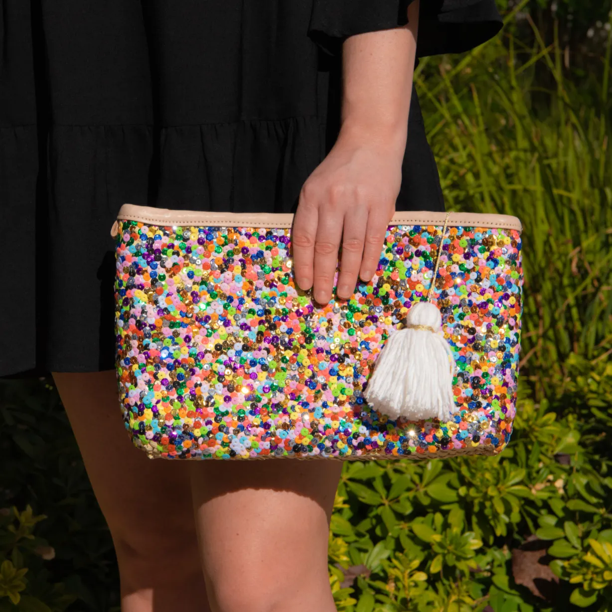 Straw Clutch with Multi-Colored Sequins