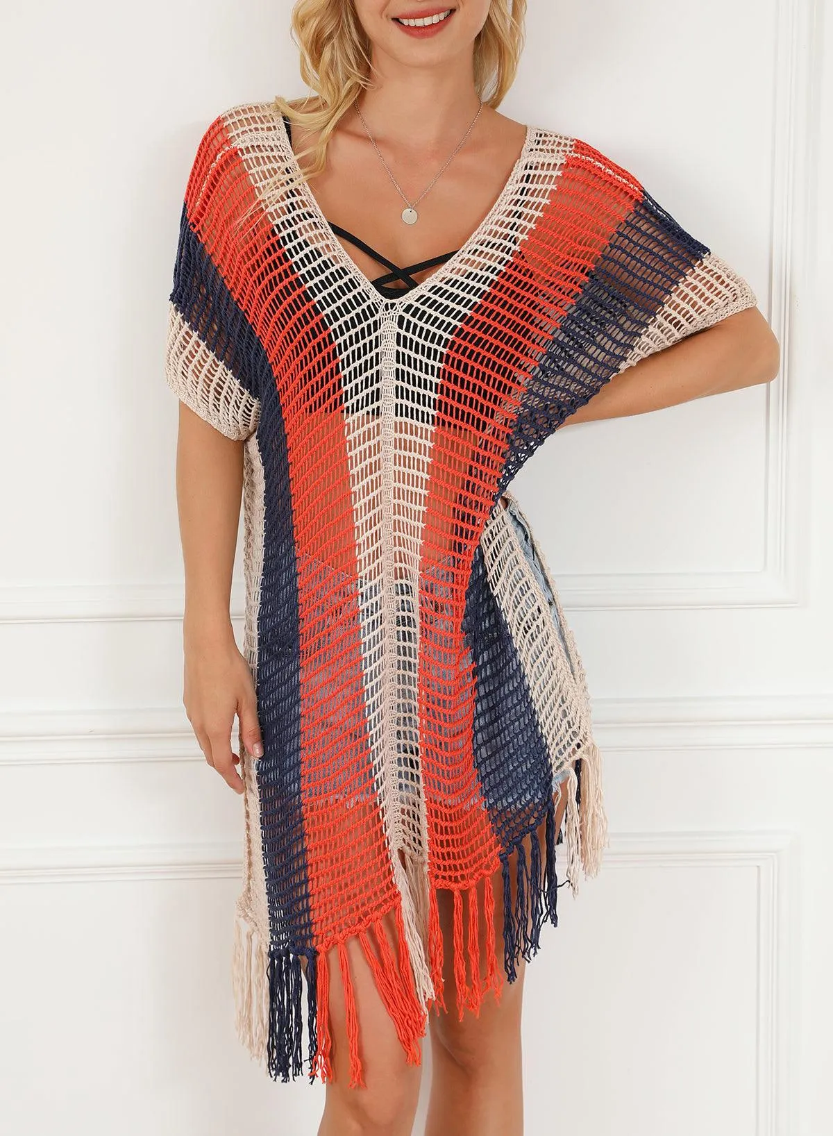 Tassel Crochet Navy Multicolor Striped Beach Cover Up