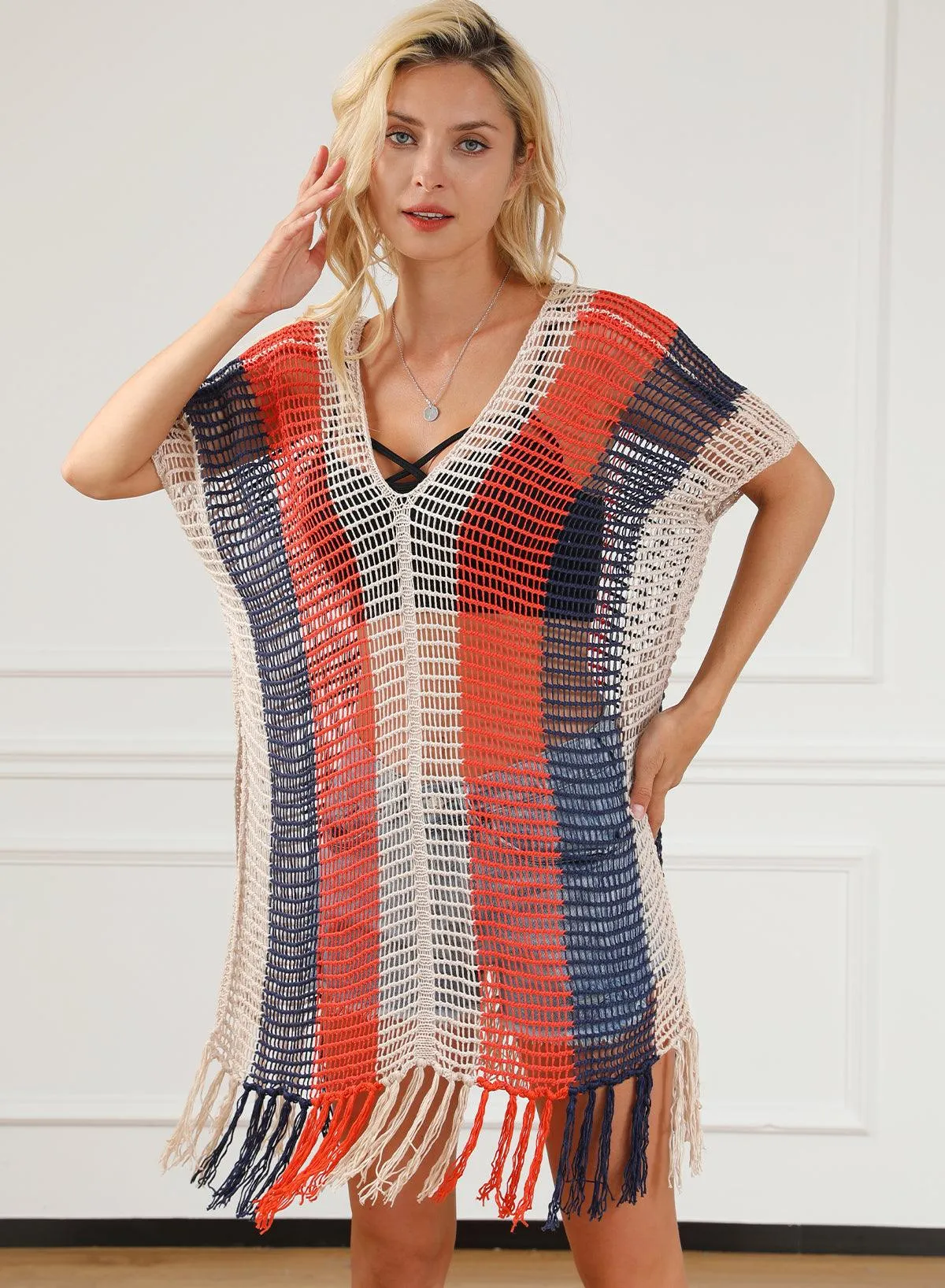 Tassel Crochet Navy Multicolor Striped Beach Cover Up