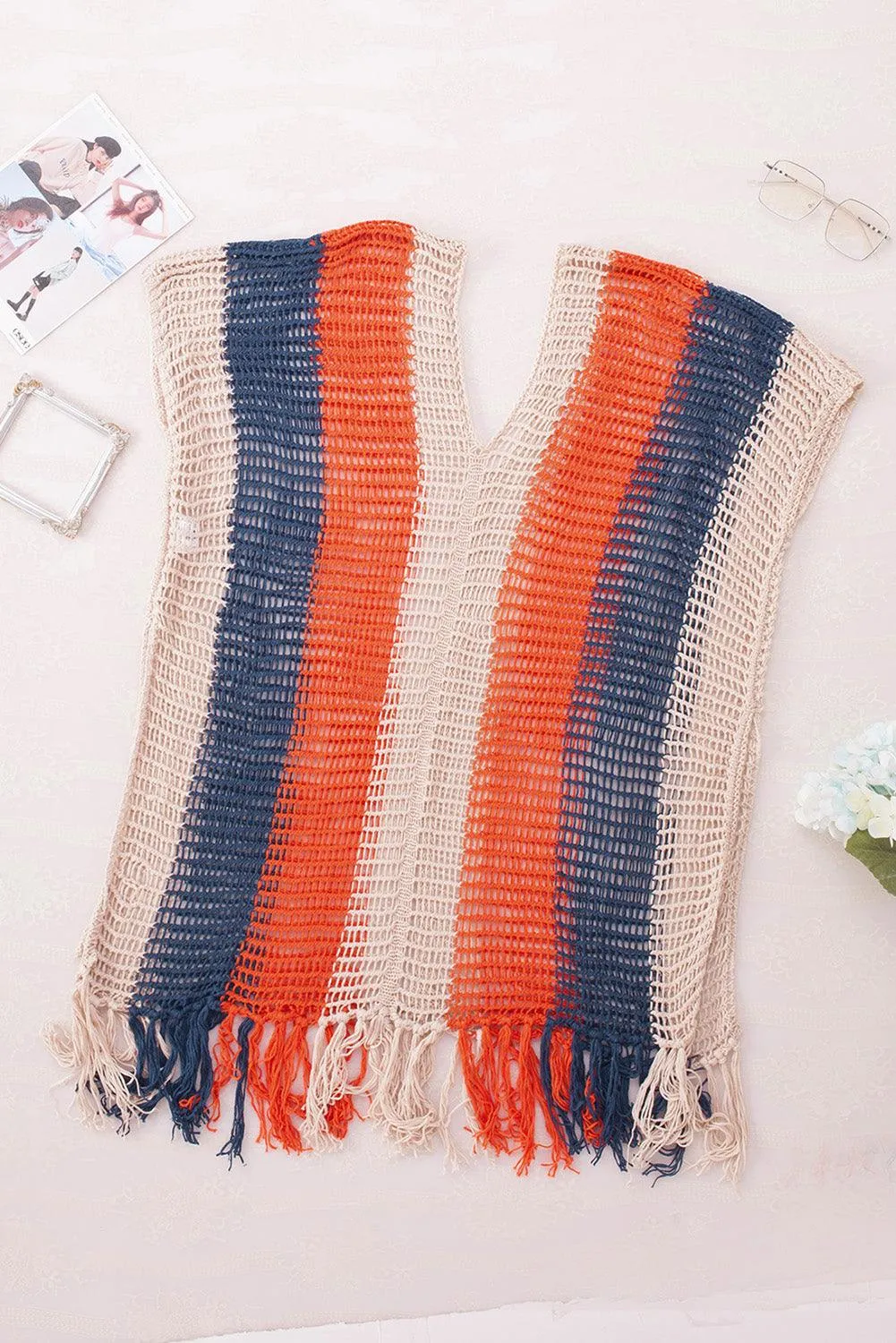 Tassel Crochet Navy Multicolor Striped Beach Cover Up