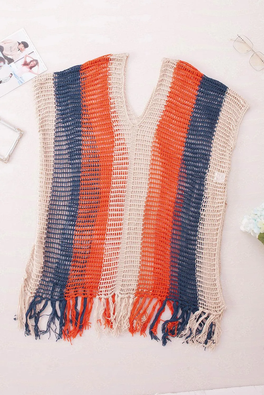 Tassel Crochet Navy Multicolor Striped Beach Cover Up