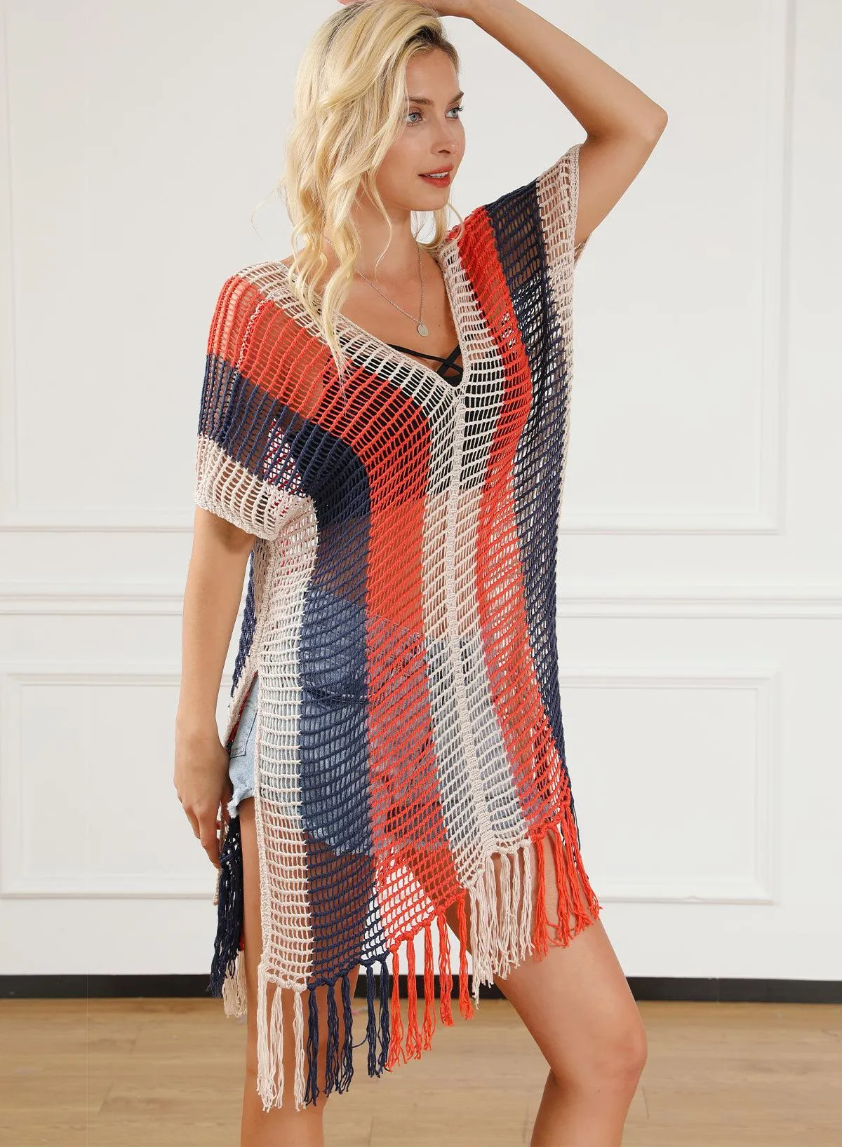 Tassel Crochet Navy Multicolor Striped Beach Cover Up