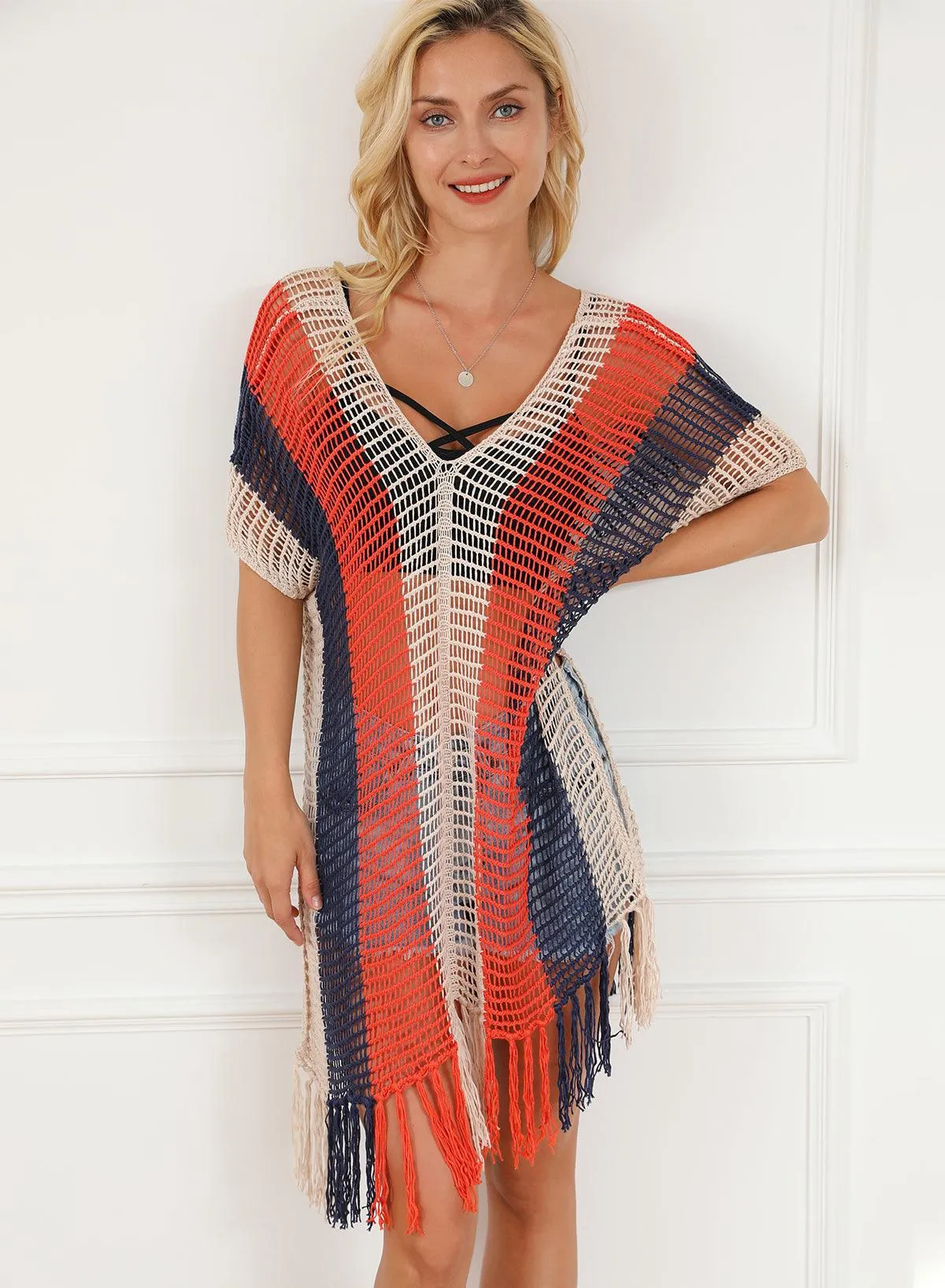 Tassel Crochet Navy Multicolor Striped Beach Cover Up