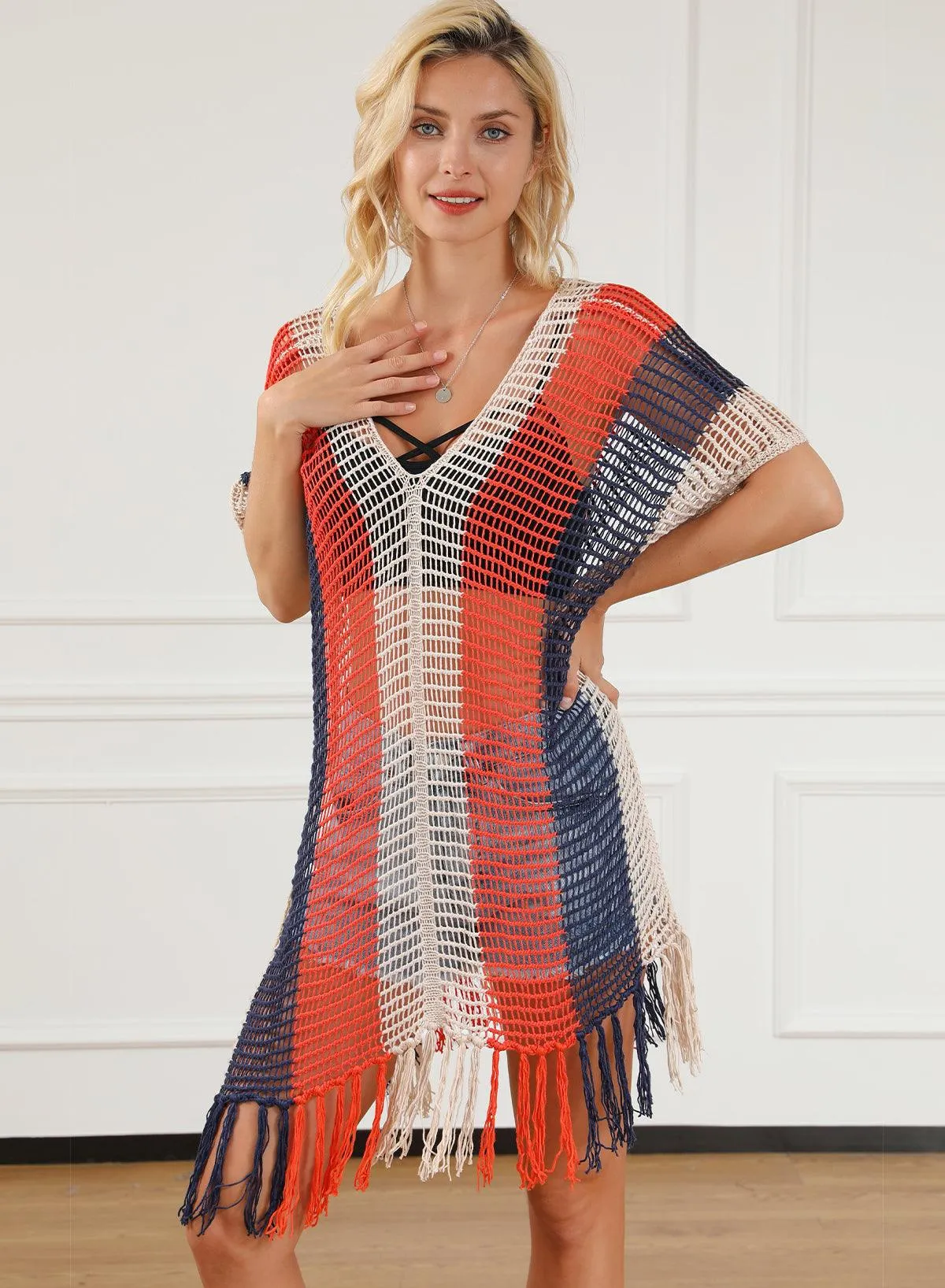 Tassel Crochet Navy Multicolor Striped Beach Cover Up