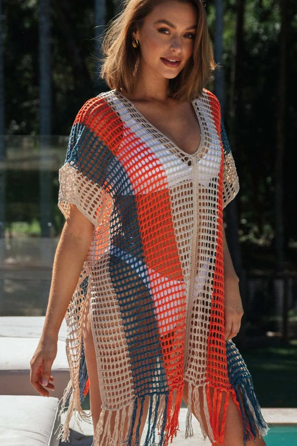 Tassel Crochet Navy Multicolor Striped Beach Cover Up