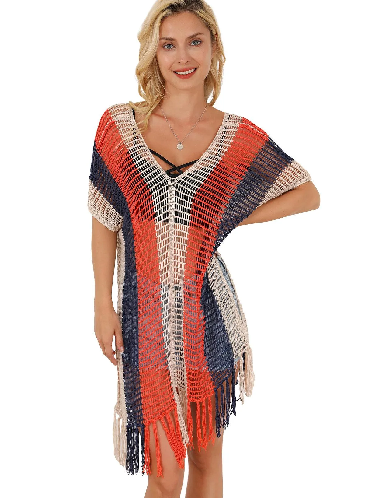 Tassel Crochet Navy Multicolor Striped Beach Cover Up