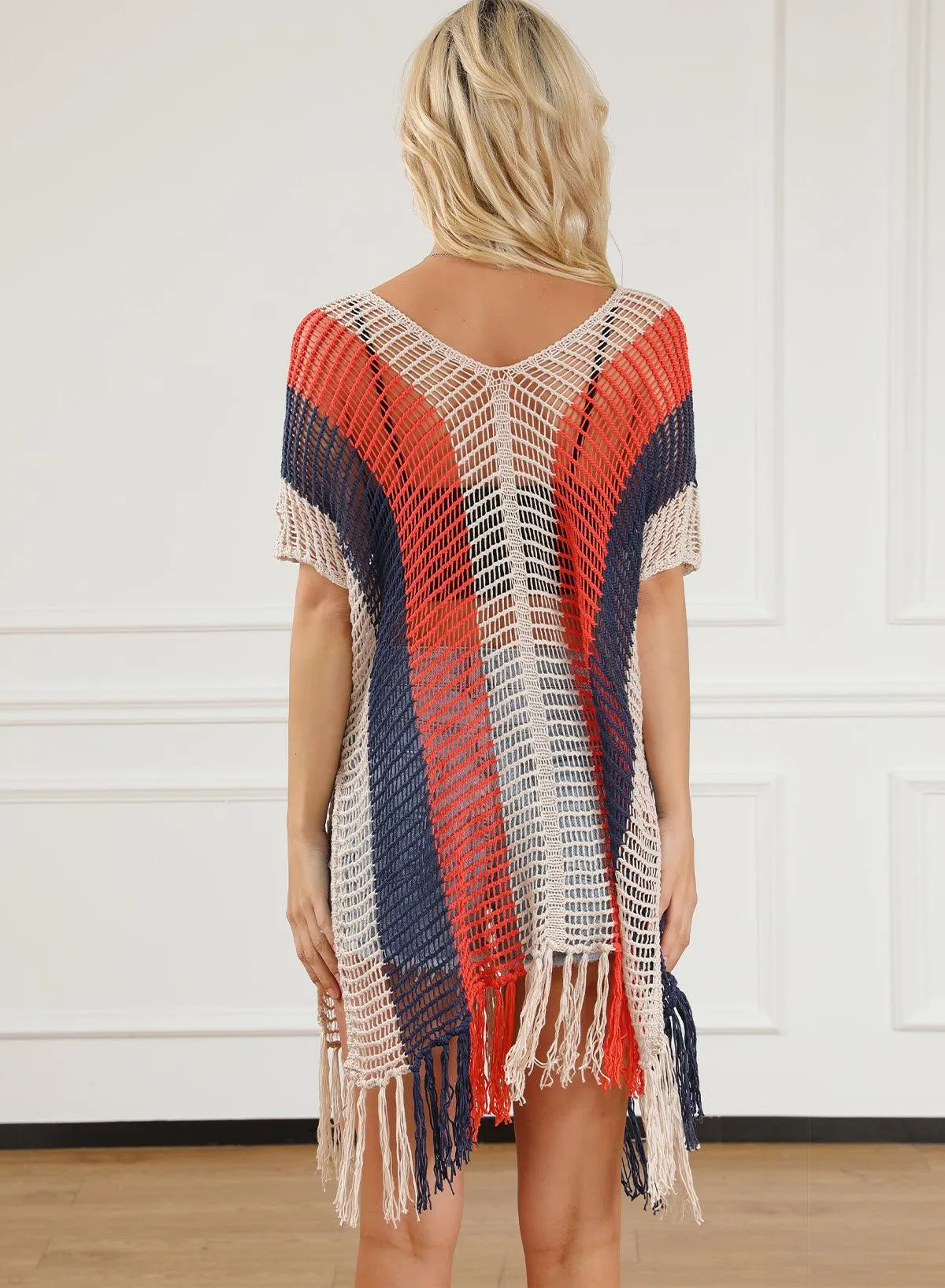 Tassel Crochet Navy Multicolor Striped Beach Cover Up