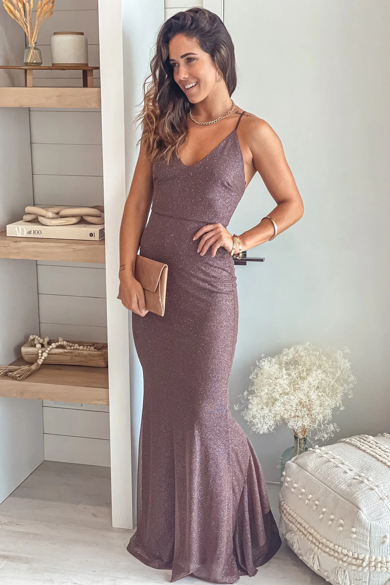 Taupe Glitter Maxi Dress With Bow Ruffle Details