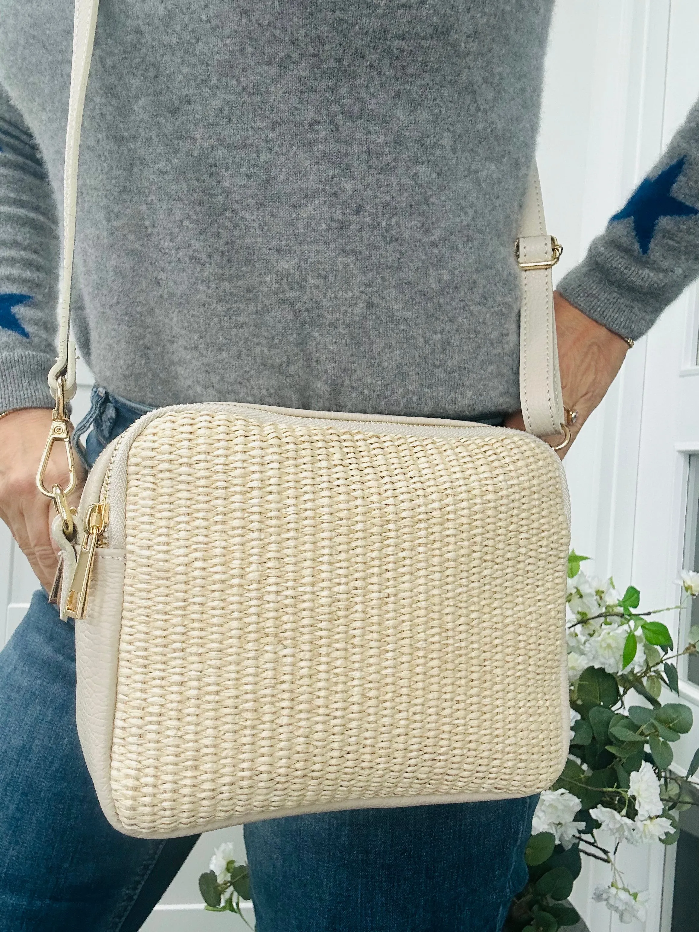 Venice Raffia & Leather Crossbody Bag | Cream