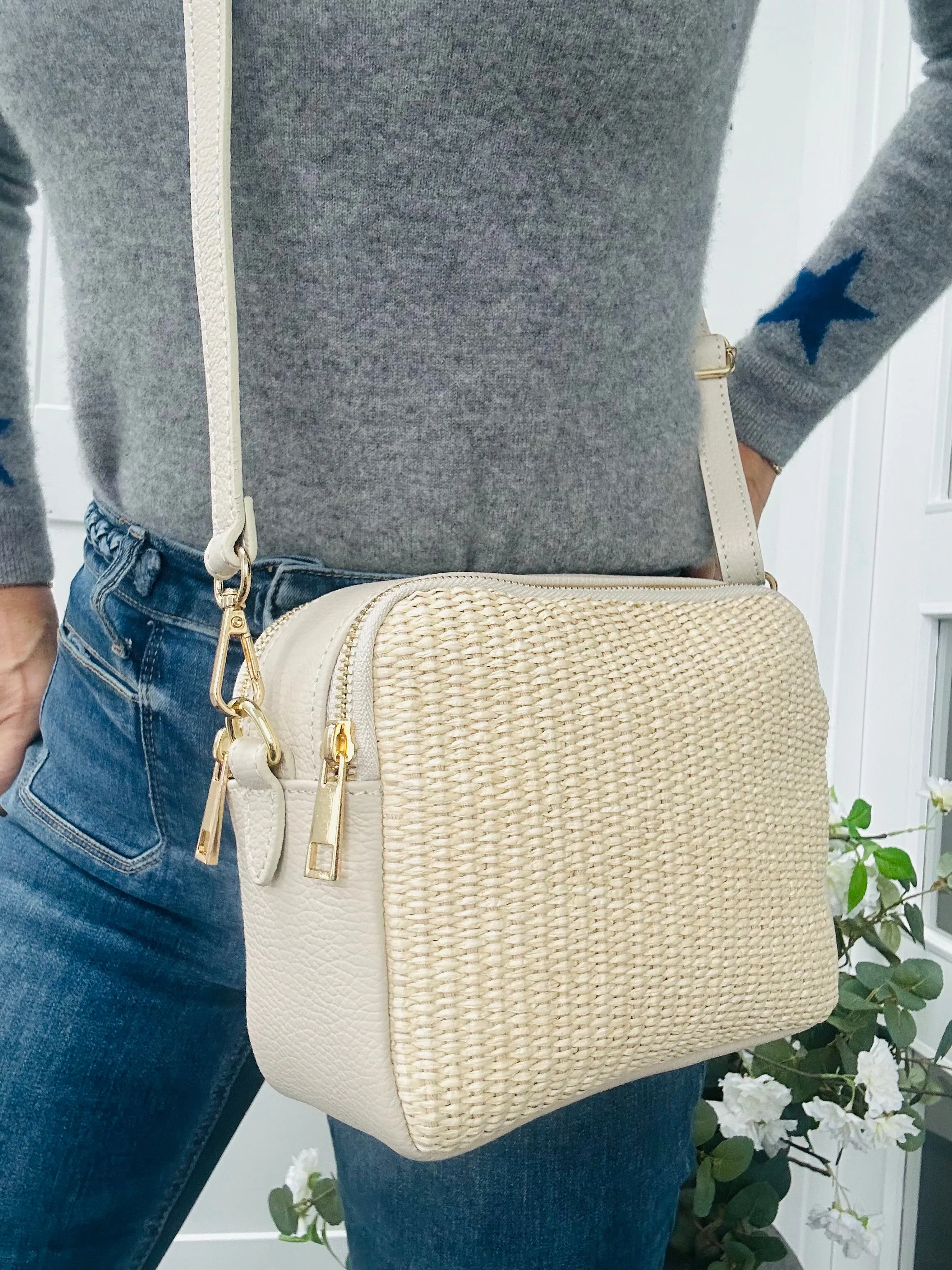 Venice Raffia & Leather Crossbody Bag | Cream