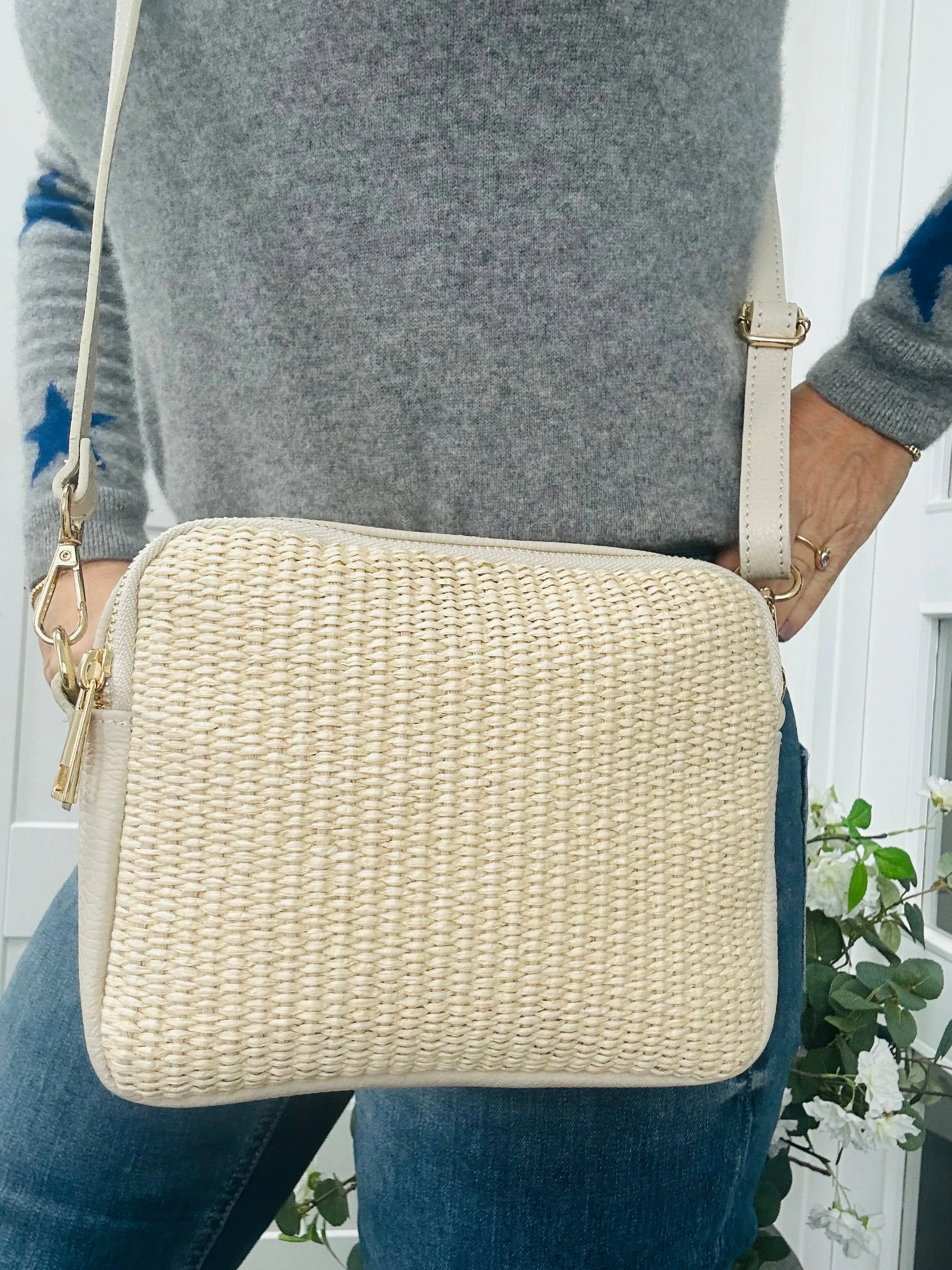 Venice Raffia & Leather Crossbody Bag | Cream