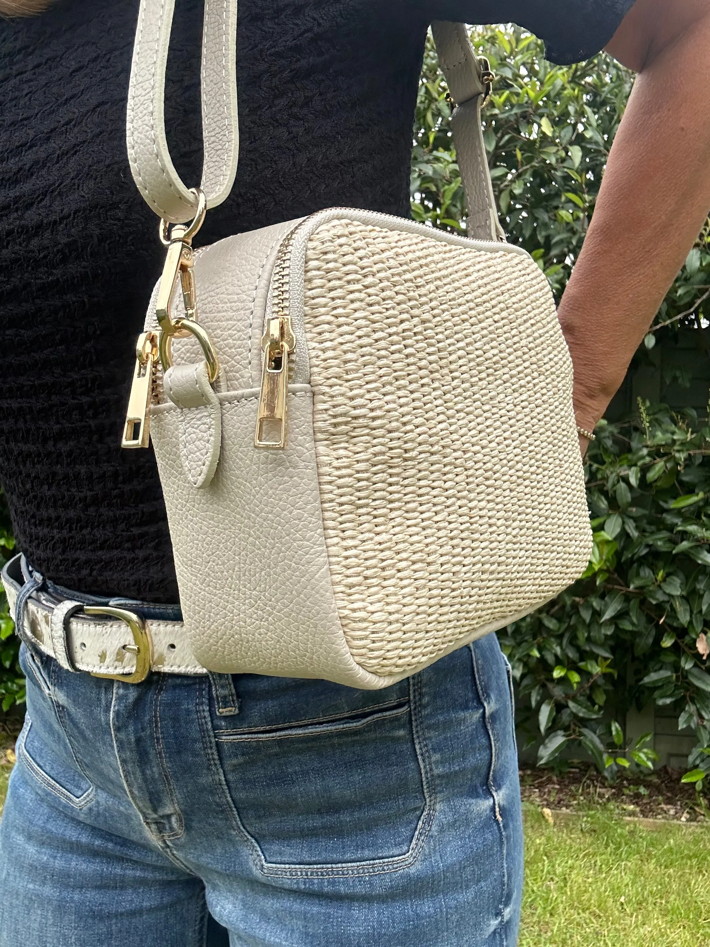 Venice Raffia & Leather Crossbody Bag | Cream