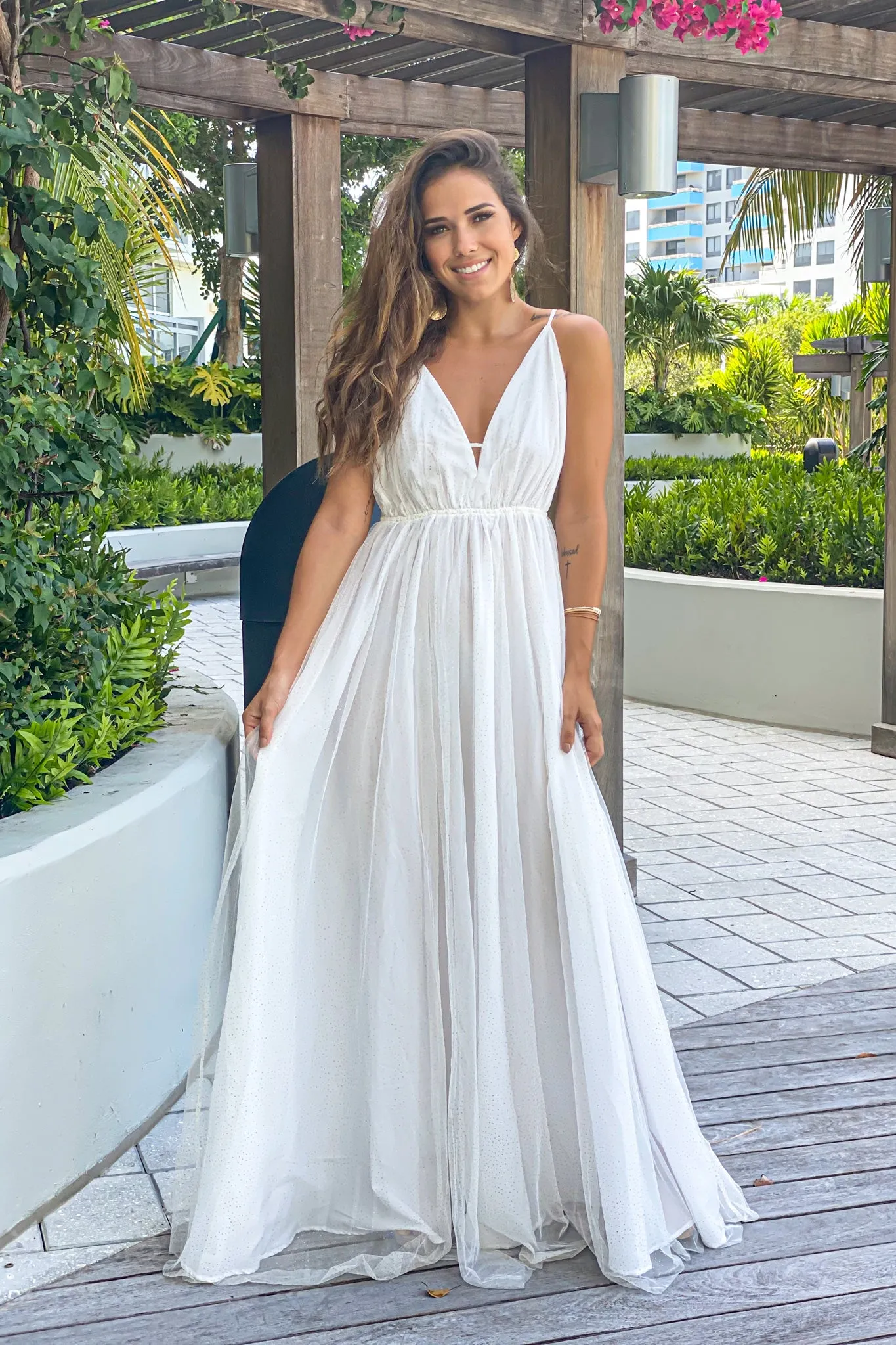 White Maxi Dress With Gold Glitter Mesh