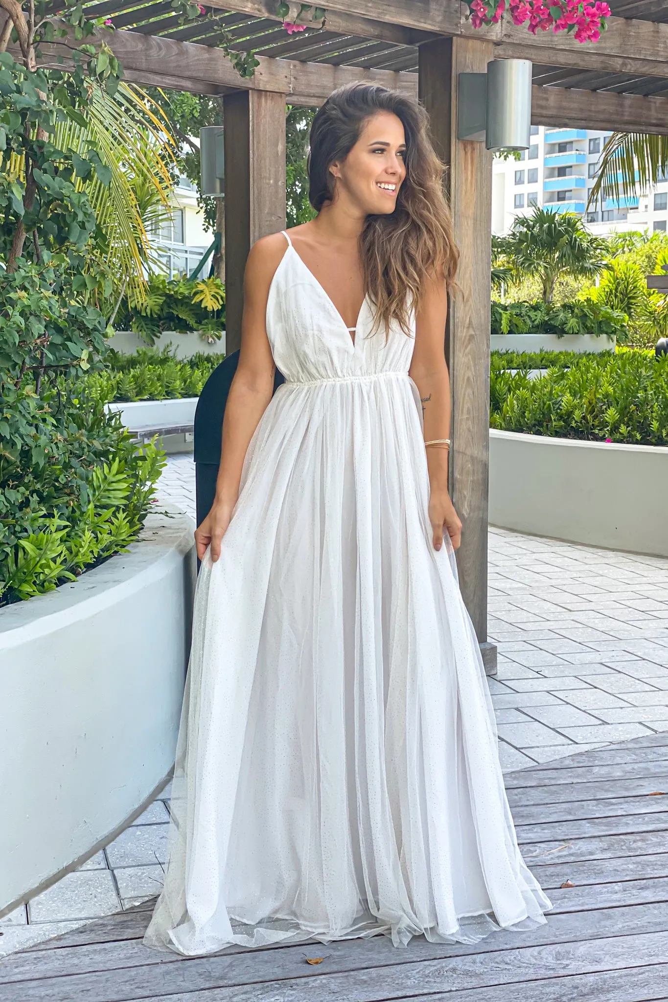 White Maxi Dress With Gold Glitter Mesh