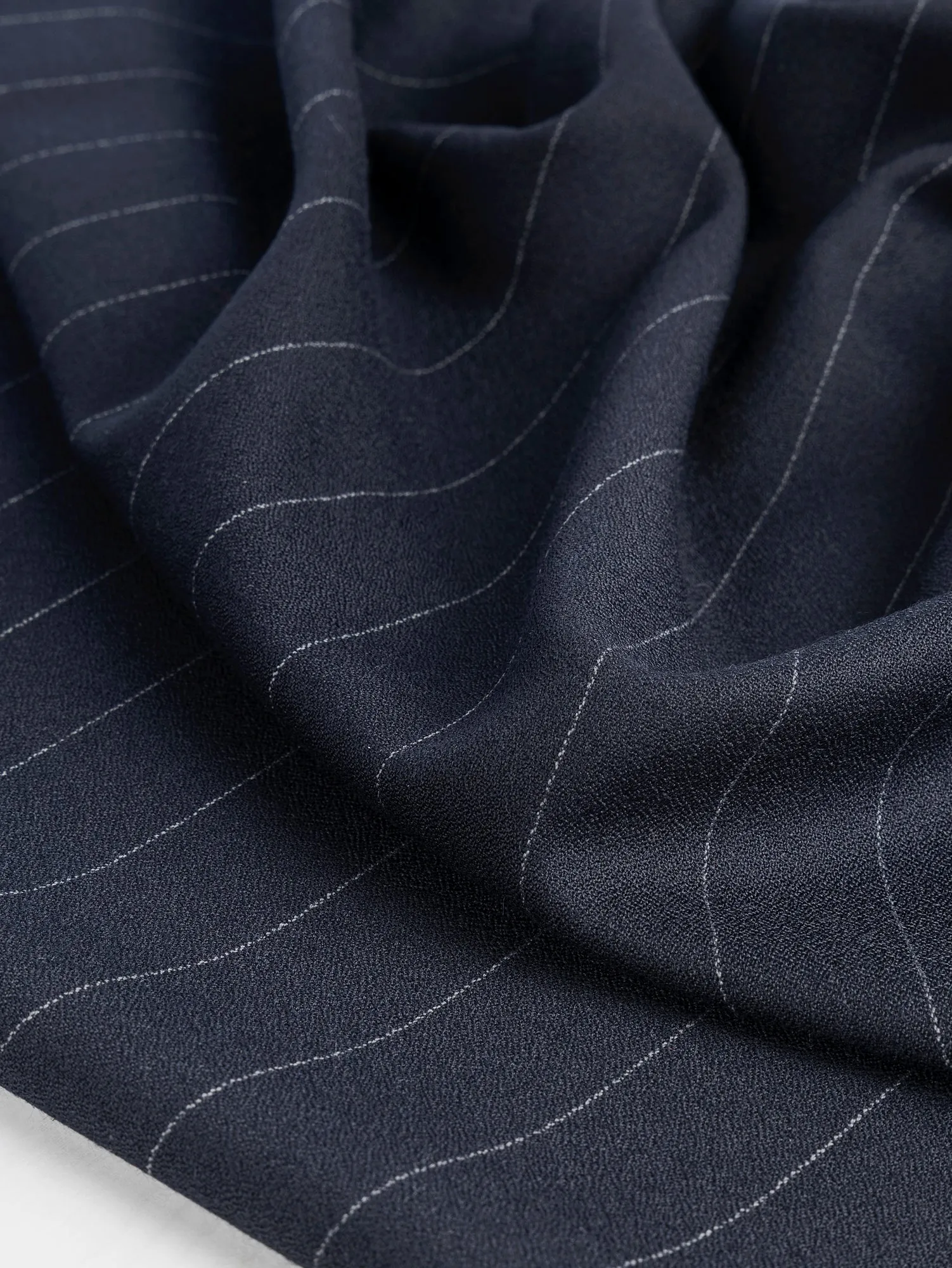 Wide Pinstripe Italian Wool Crepe Suiting Deadstock - Navy   Grey - Swatch